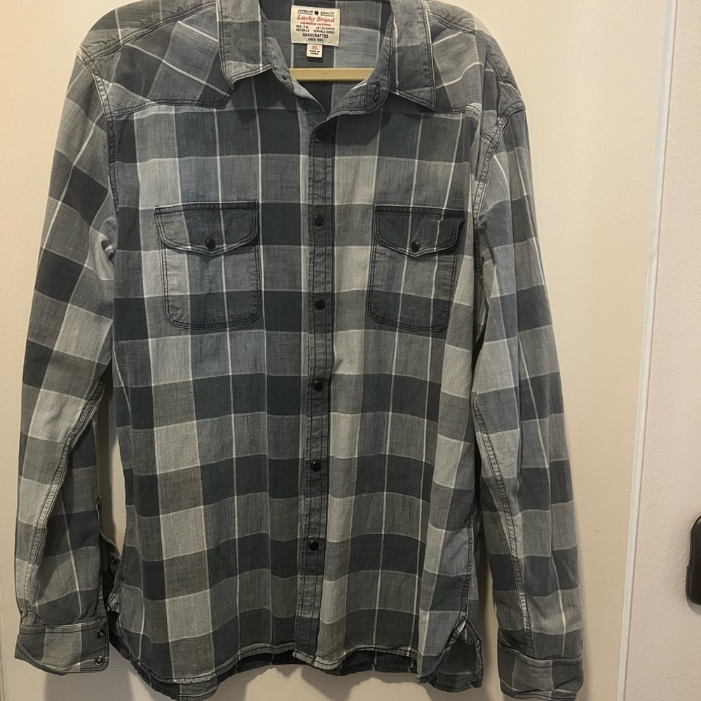 Lucky Brand Indigo Western Black Pearl Snap Men's Button Down Plaid Shirt XL